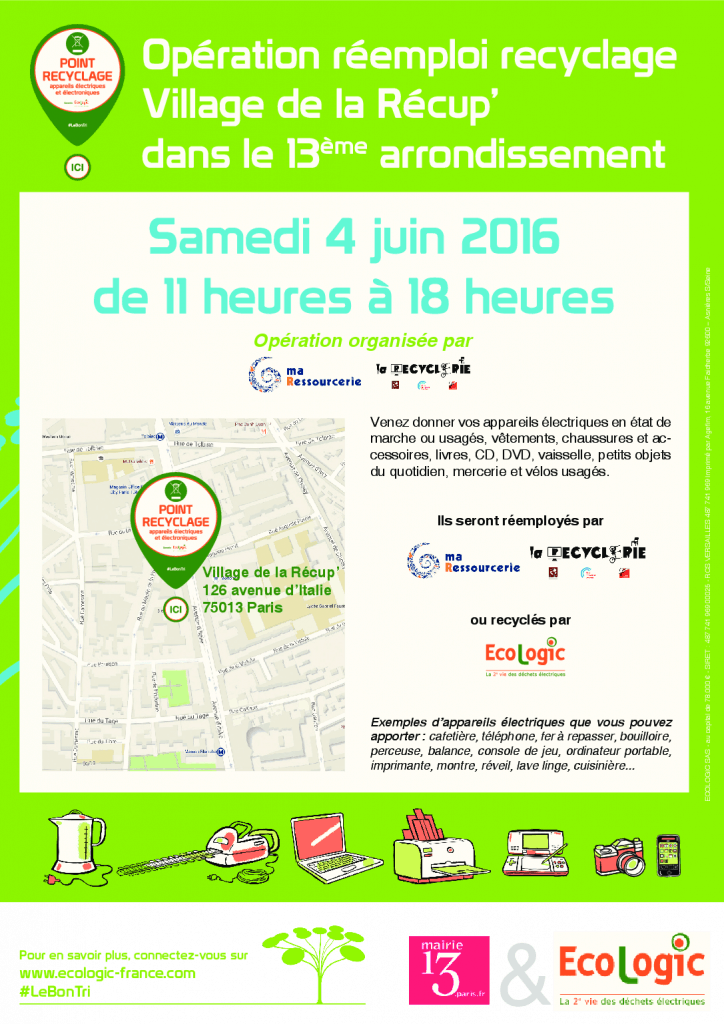 Affiche A3 - Collecte d'appareils électriques Paris 13e - 4 juin 2016