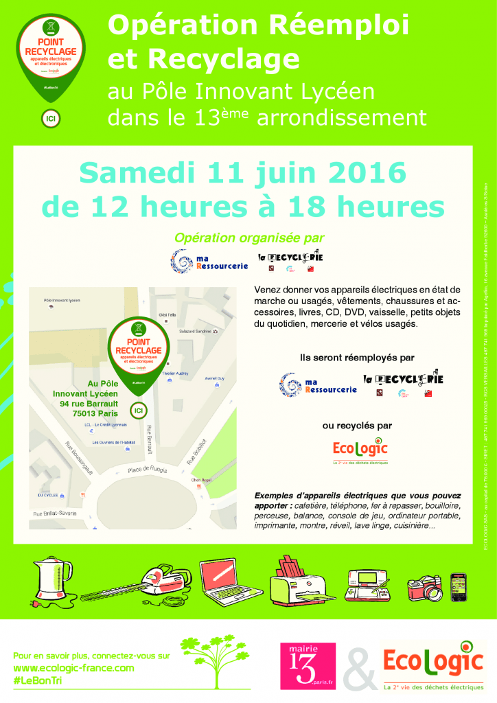 Affiche A3 - Collecte d'appareils électriques Paris 13e - 11 juin 2016